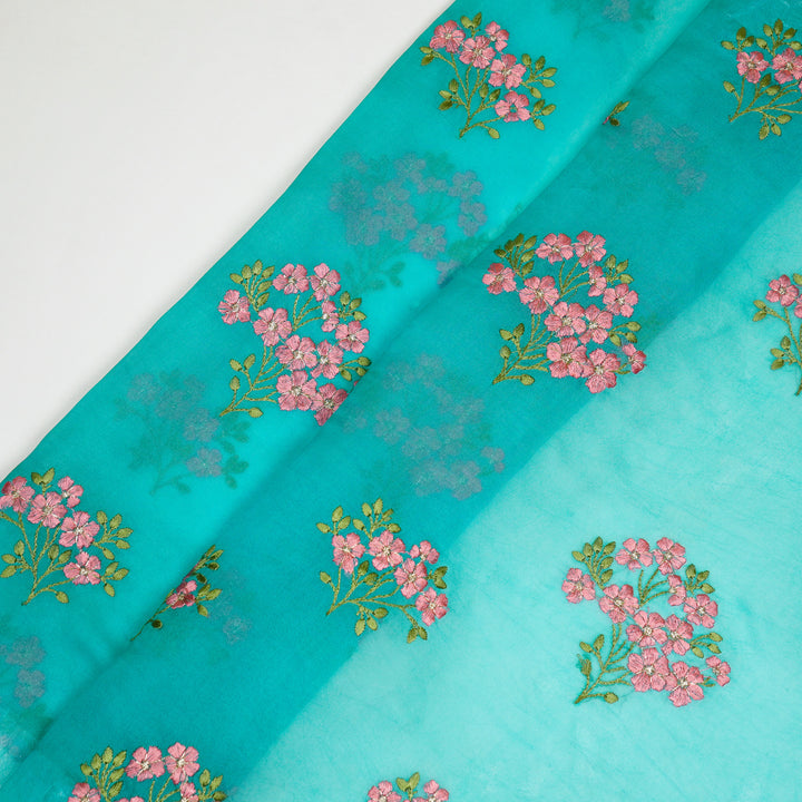 Lamia Buta on Turquoise Imported Silk Organza Embroidered Fabric