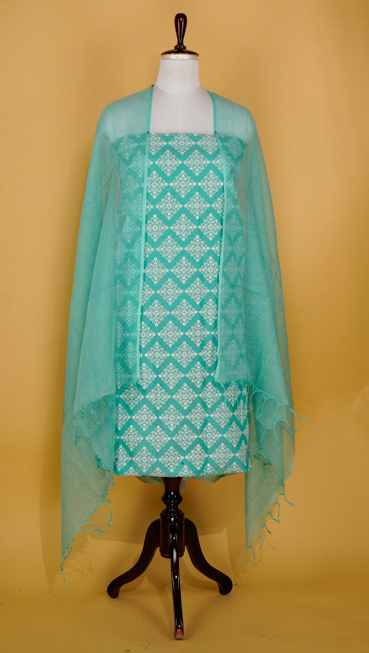 Kritika Jaal Suit fabric set on Munga Kota (Unstitched)- Aqua Green