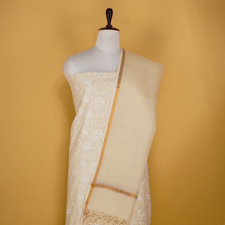 Bani Jaal Suit fabric Set on Cotton Silk (Unstitched)- Ivory