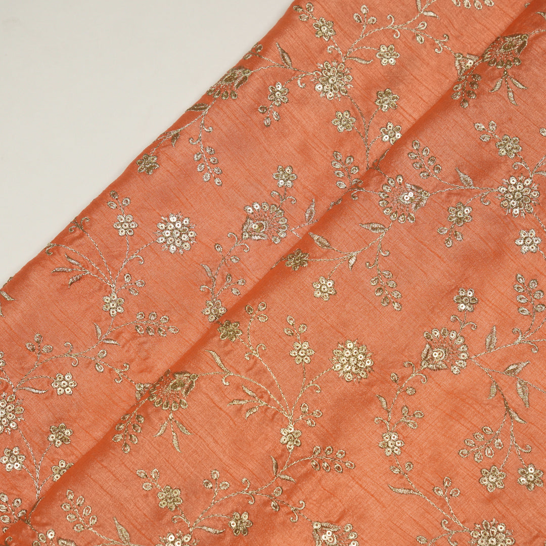 Floral Crown Jaal of Zari with Sequin Touch on Peach Semi Raw Silk