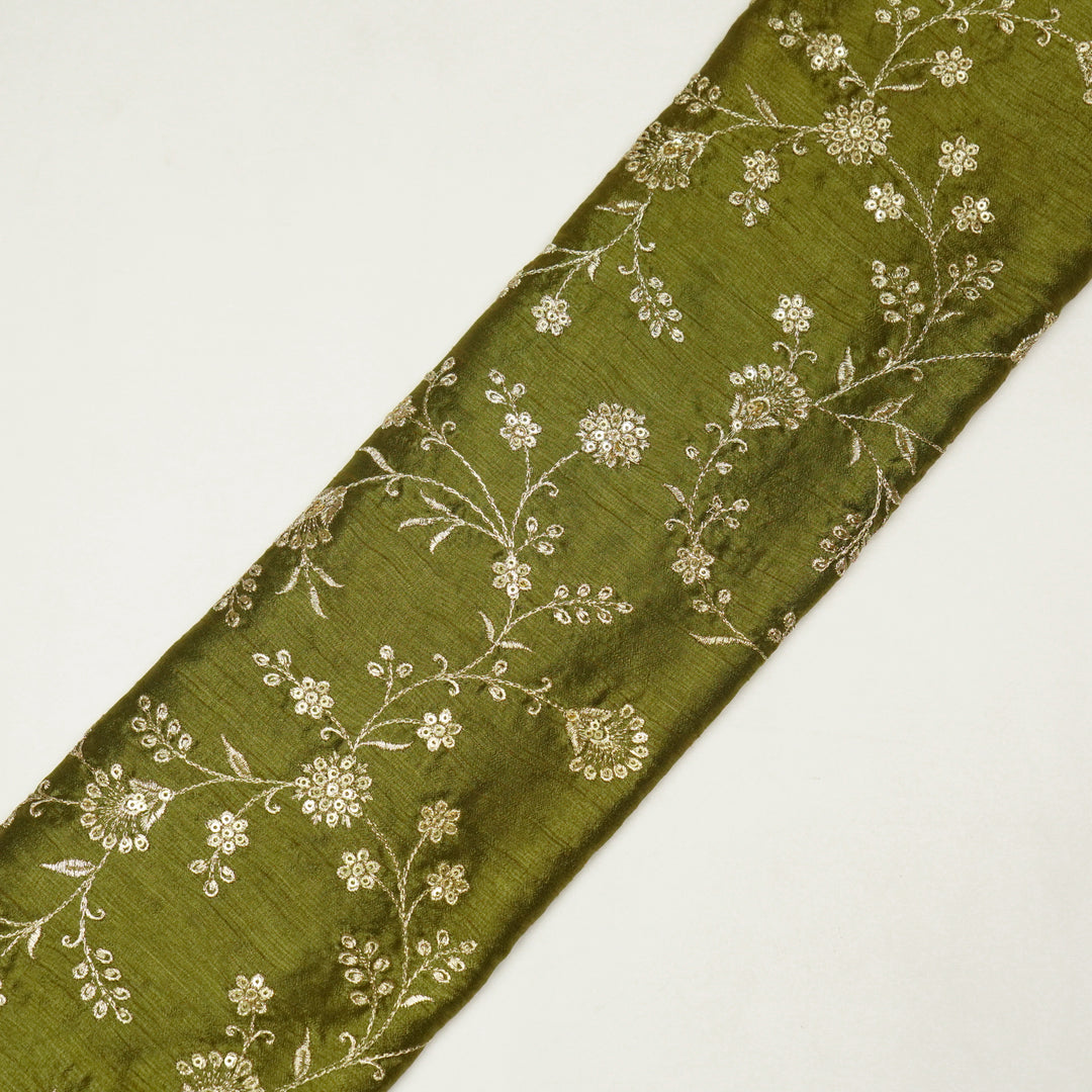 Floral Crown Jaal of Zari with Sequin Touch on Olive Semi Raw Silk