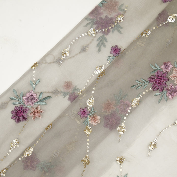 Purvai Floral Jaal on Aqua Grey Silk Organza