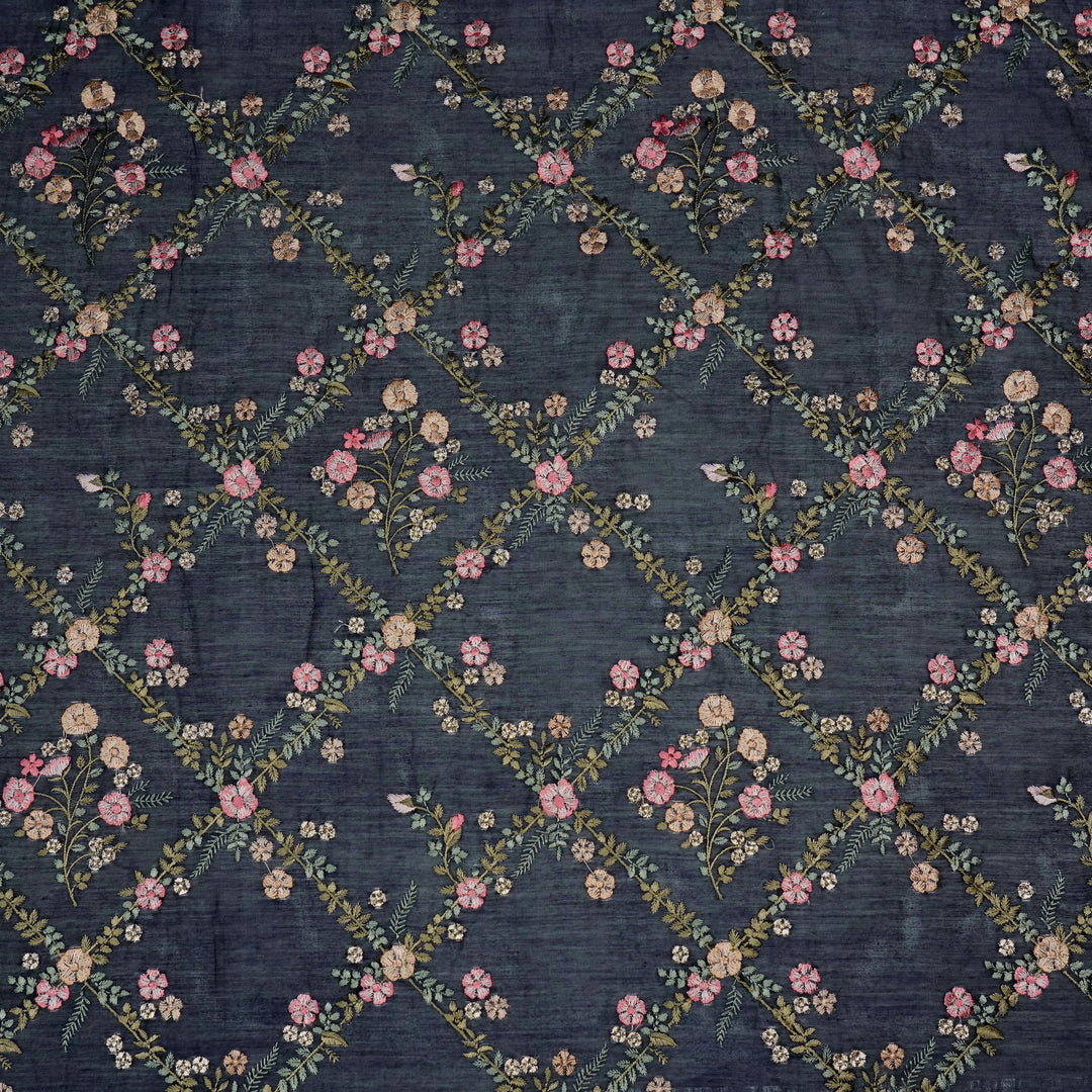 Charita Jaal on Navy Blue Silk Chanderi Embroidered Fabric