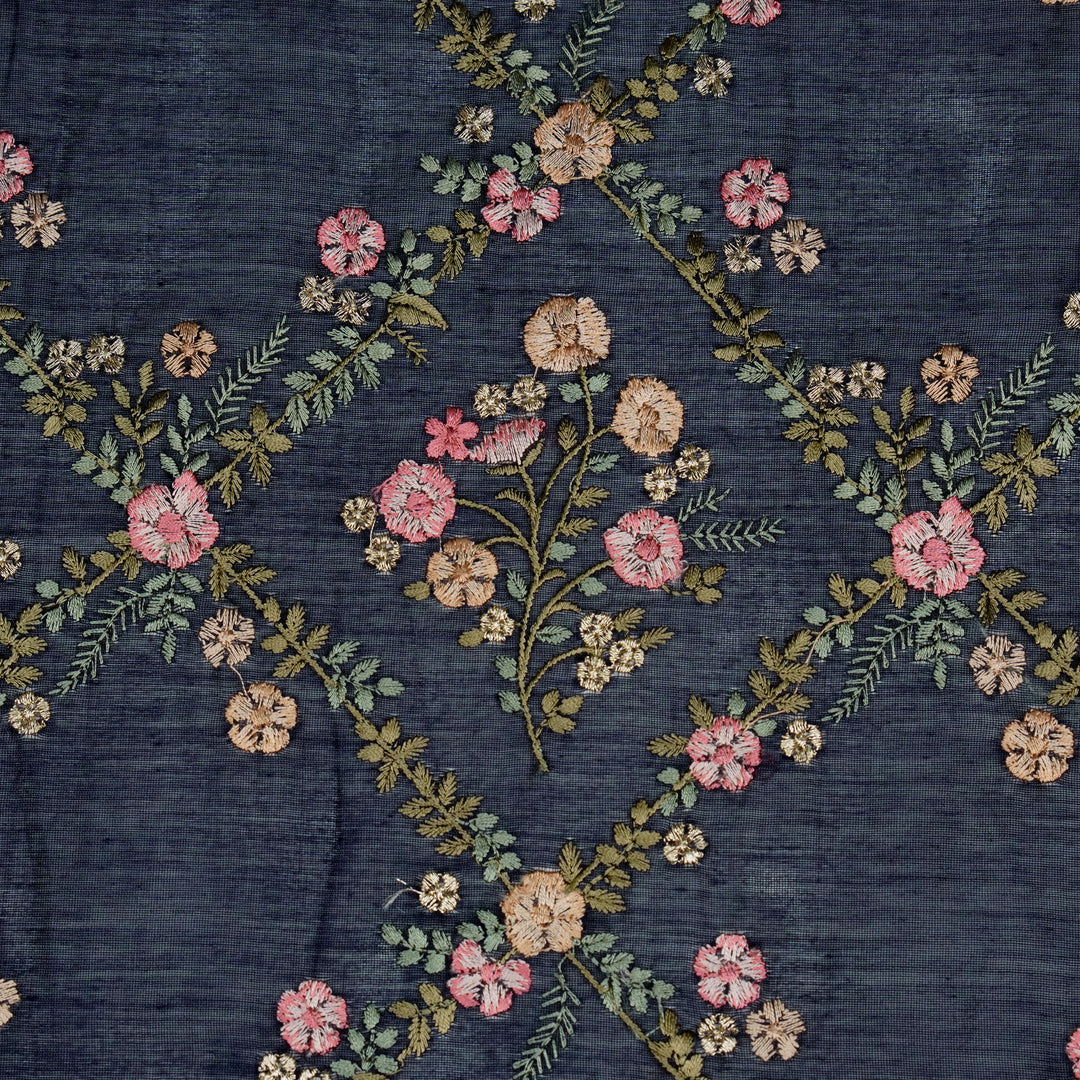 Charita Jaal on Navy Blue Silk Chanderi Embroidered Fabric