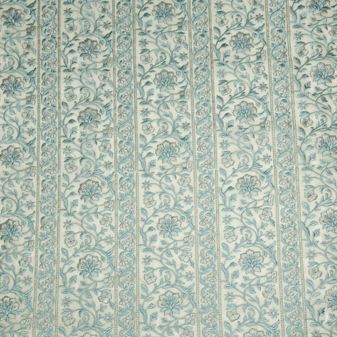 Shan Jaal on Cream/Teal Cotton Silk Embroidered Fabric