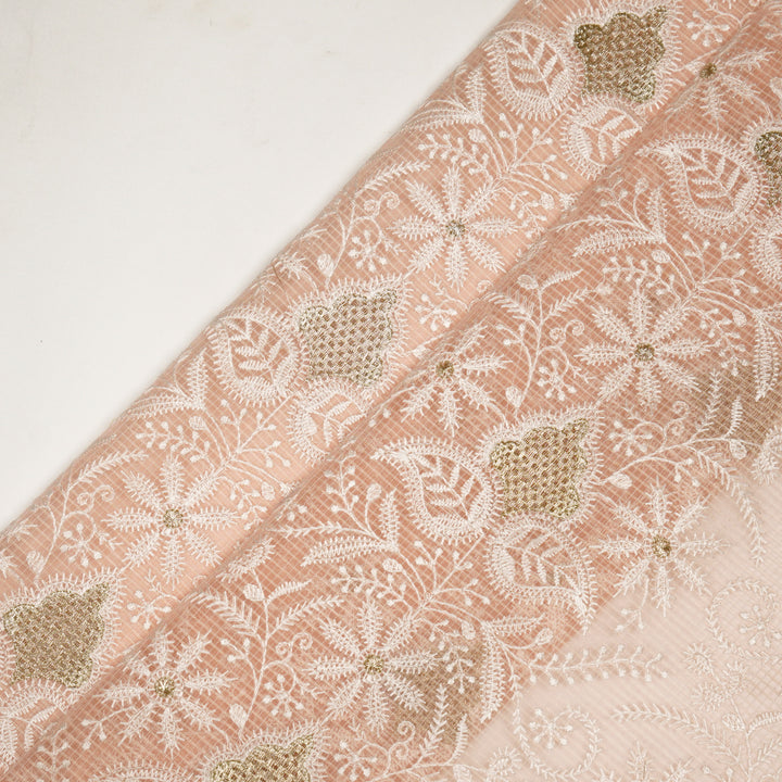 Chikankari Style Jaal With Zardozi On Peach Munga Kota