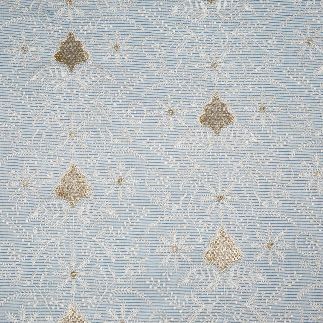 Chikankari Style Jaal With Zardozi On Blue Munga Kota