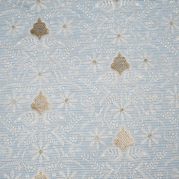 Chikankari Style Jaal With Zardozi On Blue Munga Kota