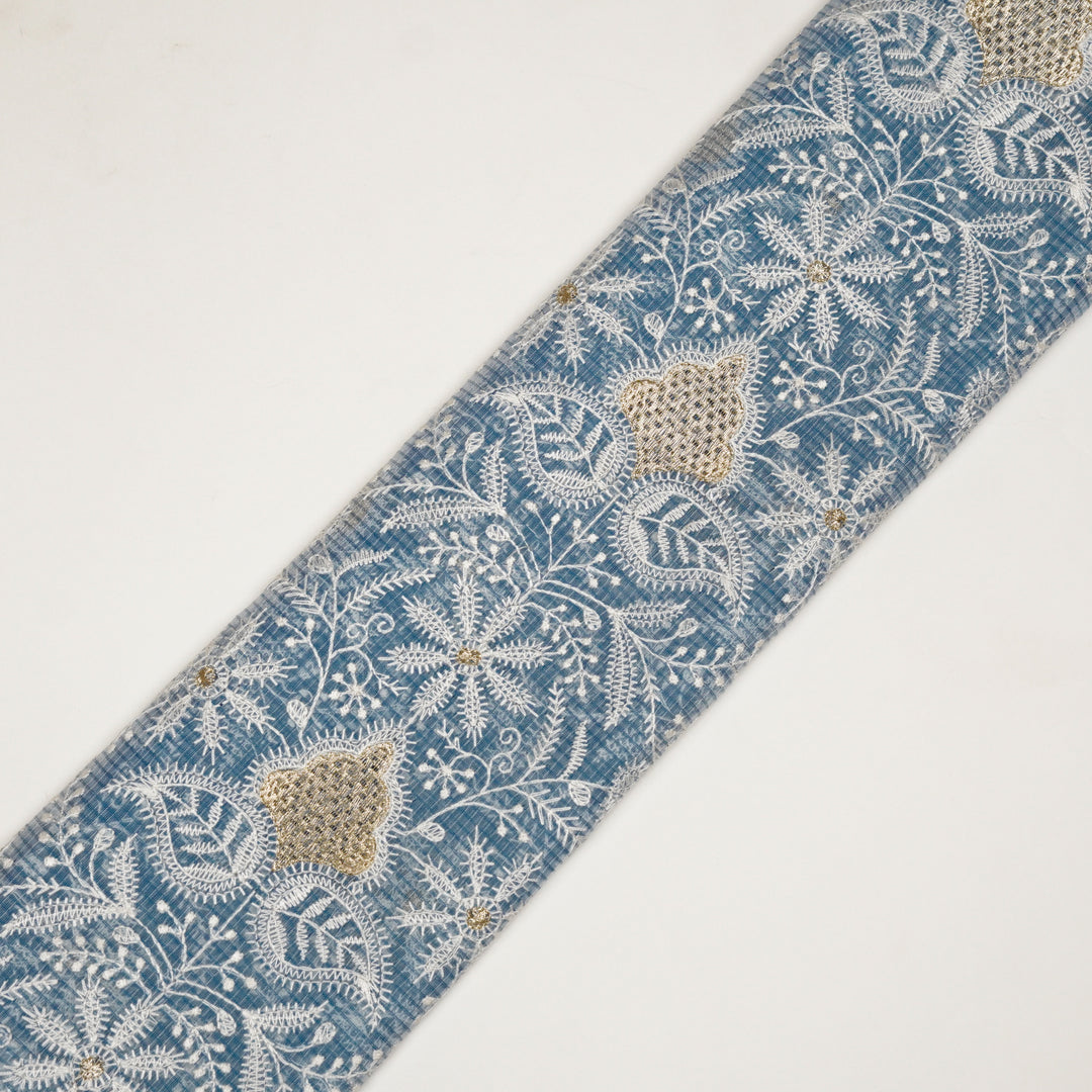 Chikankari Style Jaal With Zardozi On Blue Munga Kota