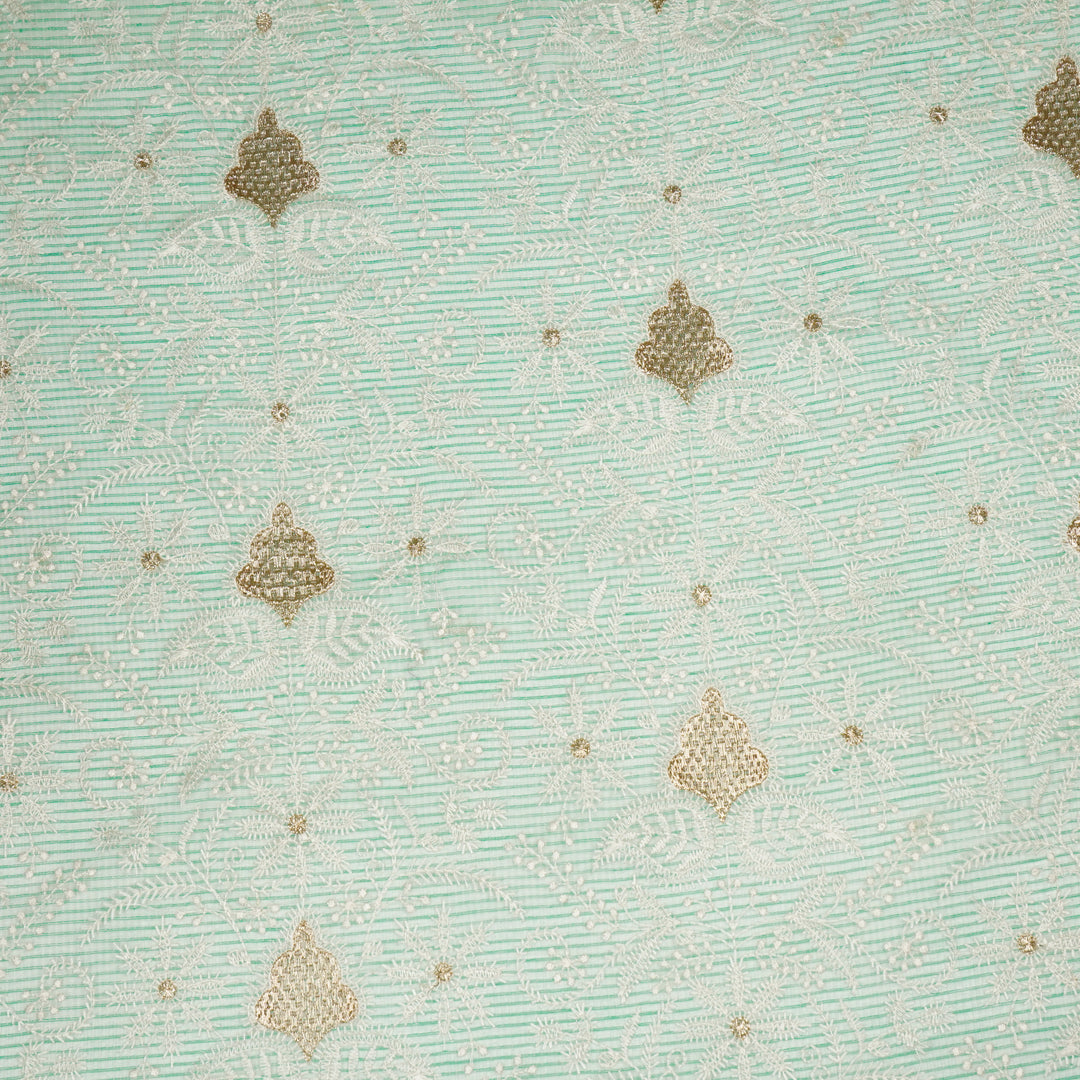 Sea Green Munga Kota Chikankari Style Zardozi Jaal Embroidered Fabric