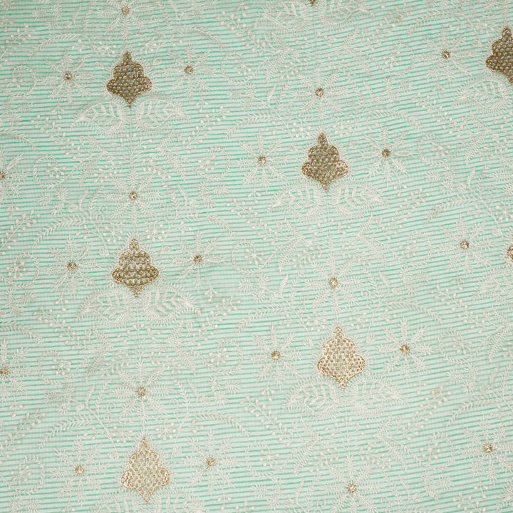 Sea Green Munga Kota Chikankari Style Zardozi Jaal Embroidered Fabric