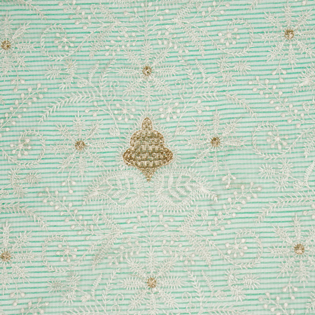Sea Green Munga Kota Chikankari Style Zardozi Jaal Embroidered Fabric