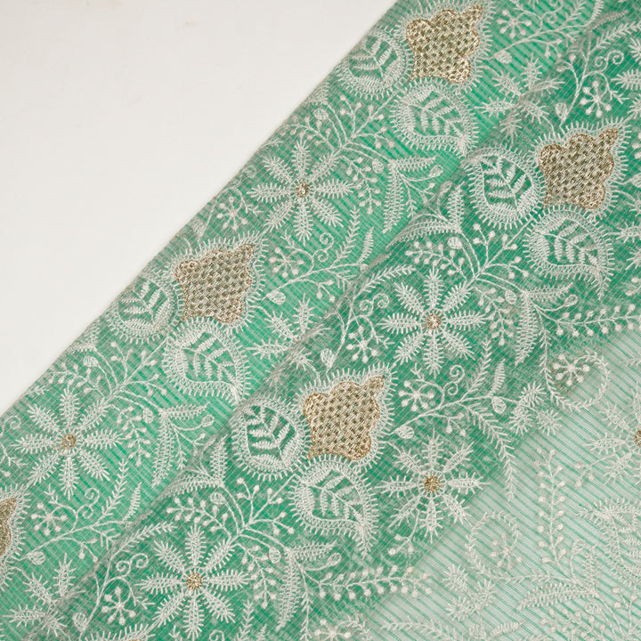Sea Green Munga Kota Chikankari Style Zardozi Jaal Embroidered Fabric