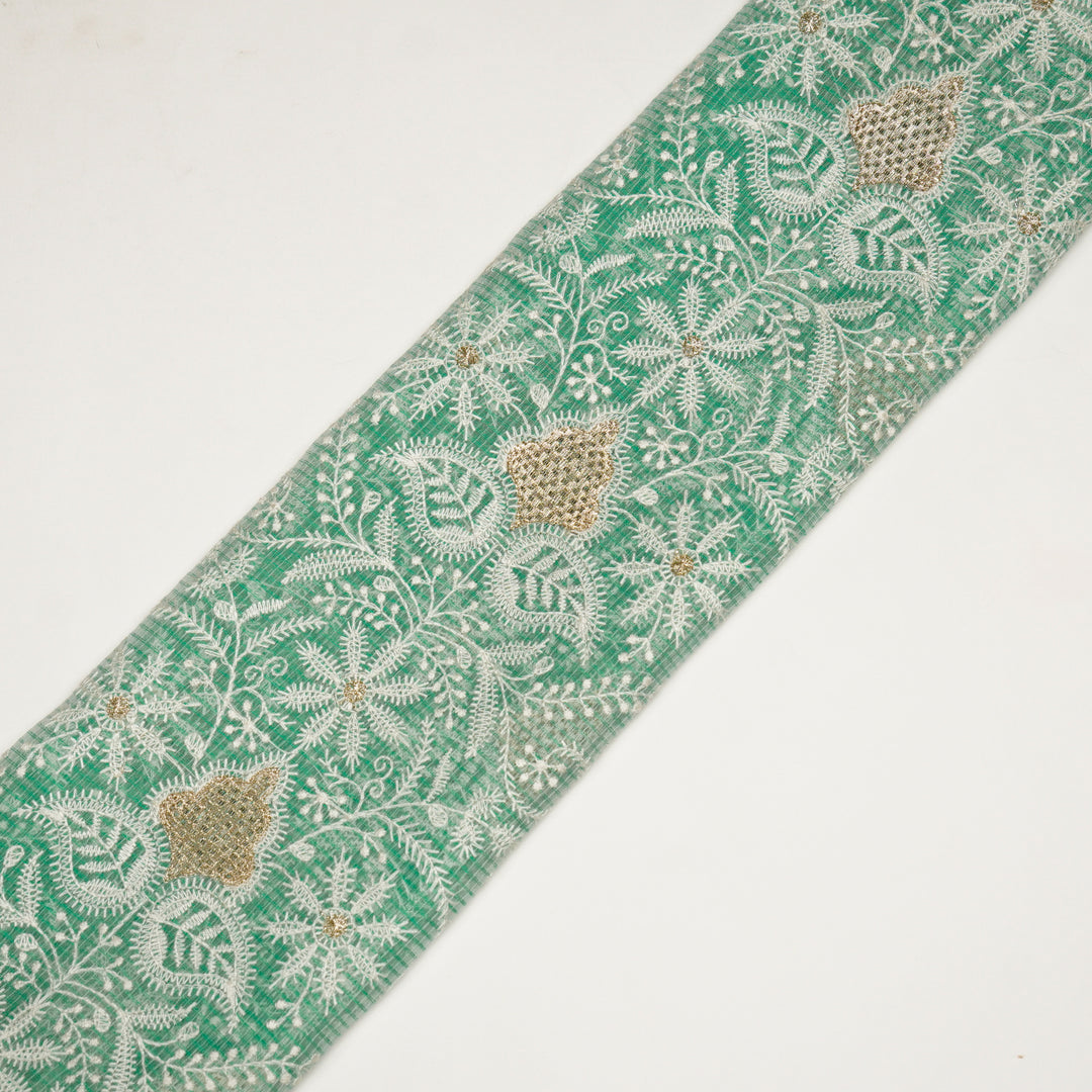 Sea Green Munga Kota Chikankari Style Zardozi Jaal Embroidered Fabric