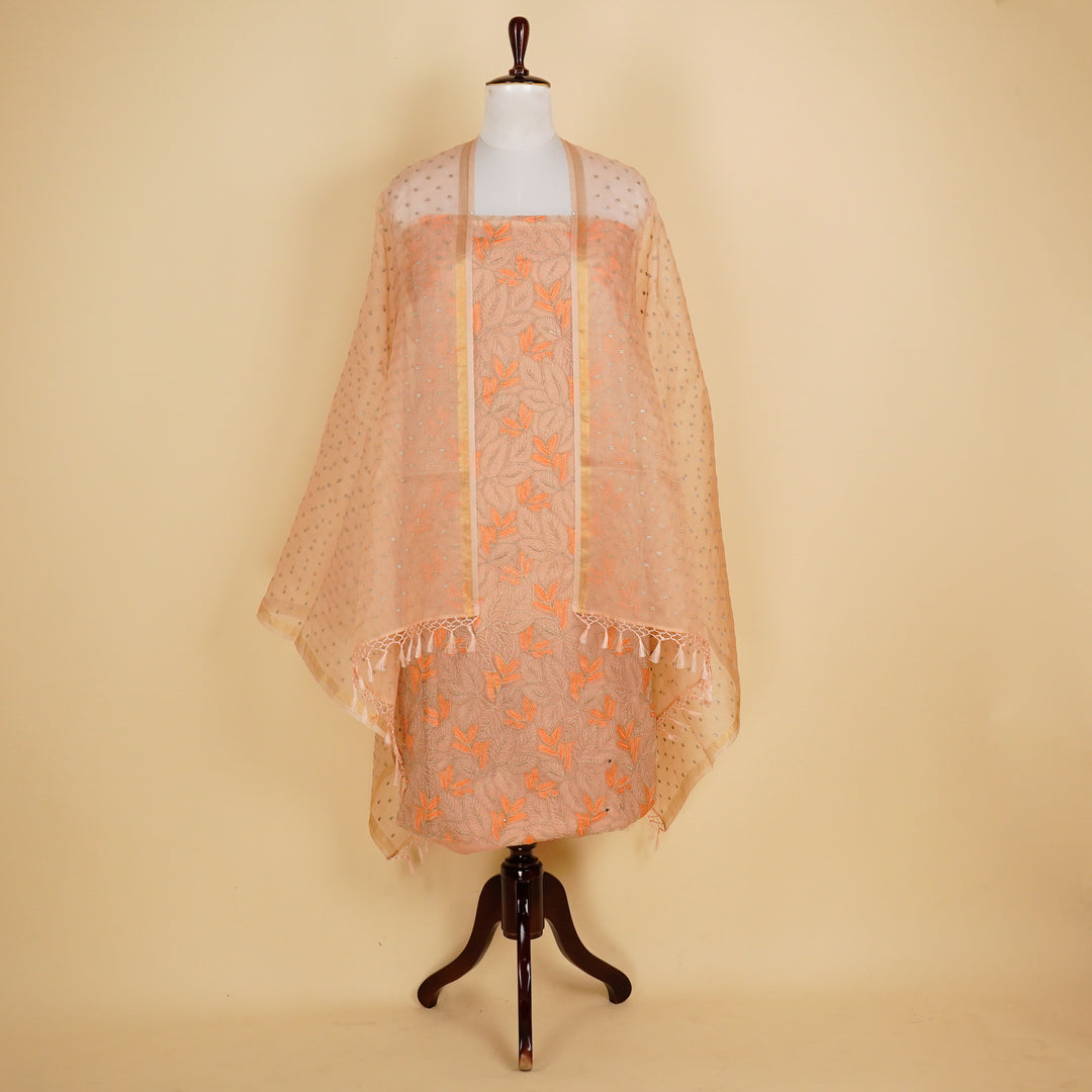 Siyon Jaal Suit fabric set on Net (Unstitched)- Light Peach