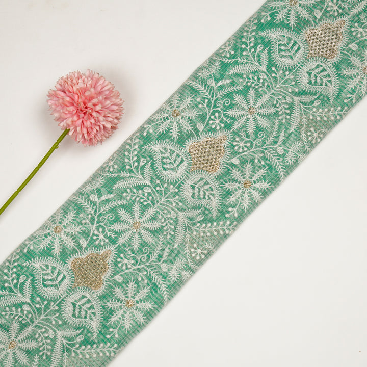 Sea Green Munga Kota Chikankari Style Zardozi Jaal Embroidered Fabric