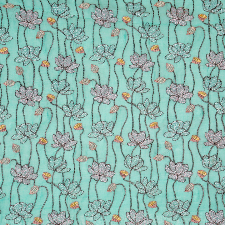 Raneem Jaal on Turquoise Cotton Silk Embroidered Fabric