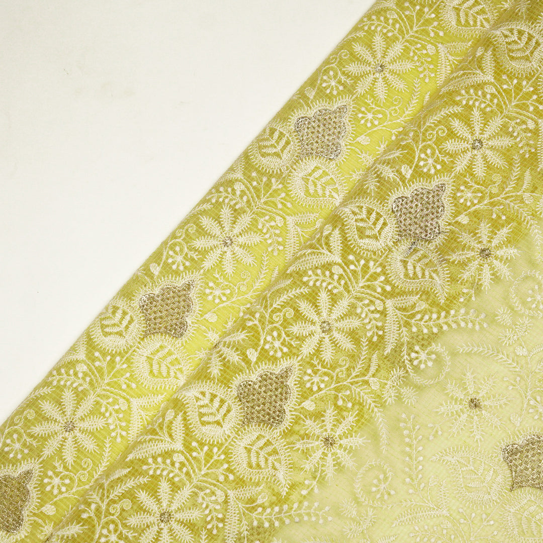 Chikankari Style Jaal With Zardozi On Lemon Munga Kota