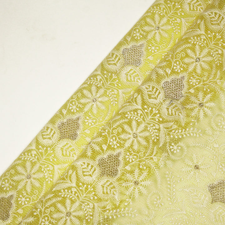 Chikankari Style Jaal With Zardozi On Lemon Munga Kota