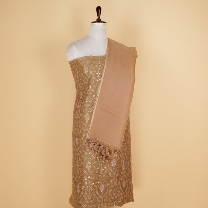 Aaditri Jaal Suit fabric set on Silk Organza (Unstitched)-  Chiku