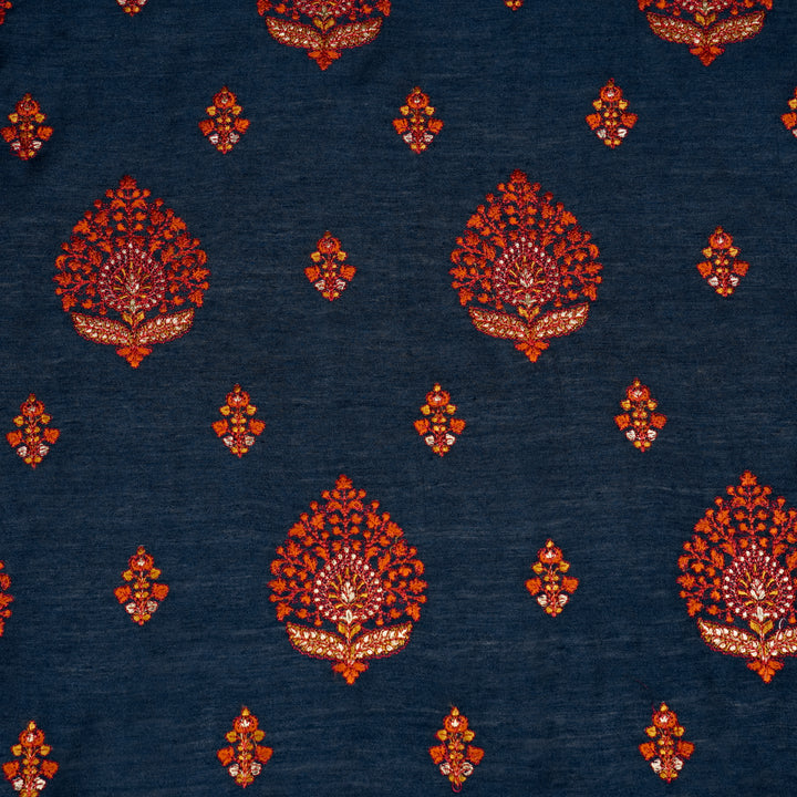 Peru Buta on Navy Blue Munga Silk