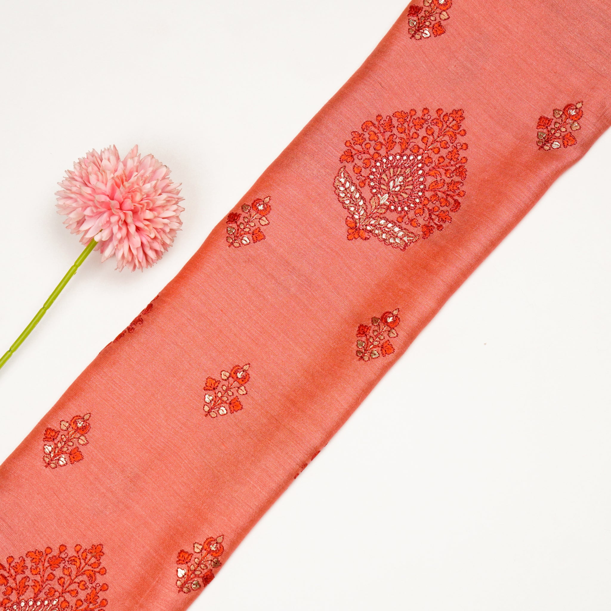 Peru Buta on Dark Peach Munga Silk – Zarinama