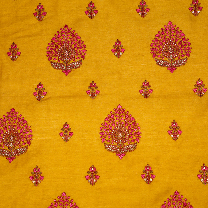 Gold Munga Silk Peru Buta Embroidered Fabric