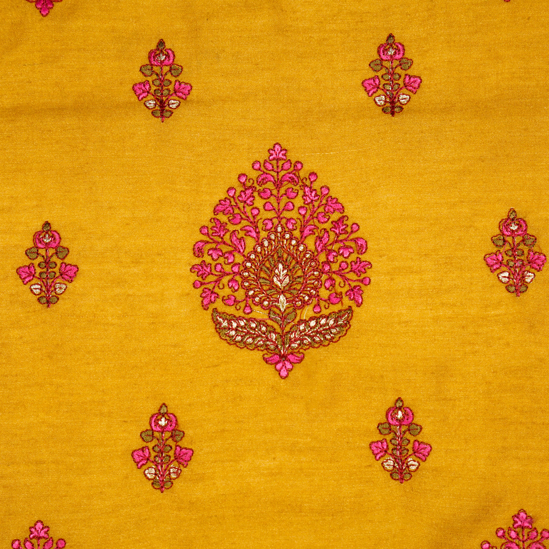Gold Munga Silk Peru Buta Embroidered Fabric