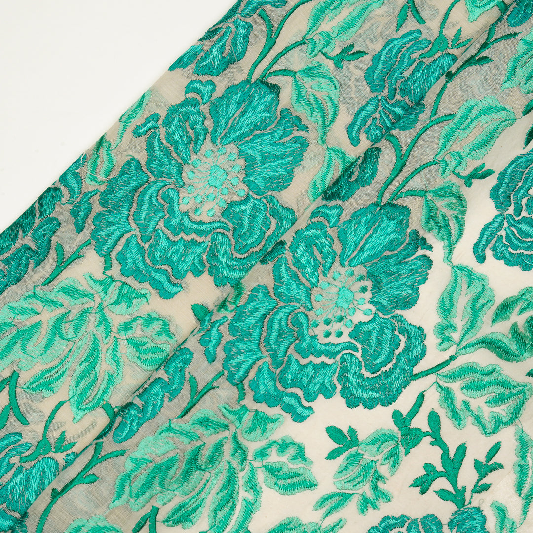 Griva Jaal on Teal Cotton Silk Embroidered Fabric