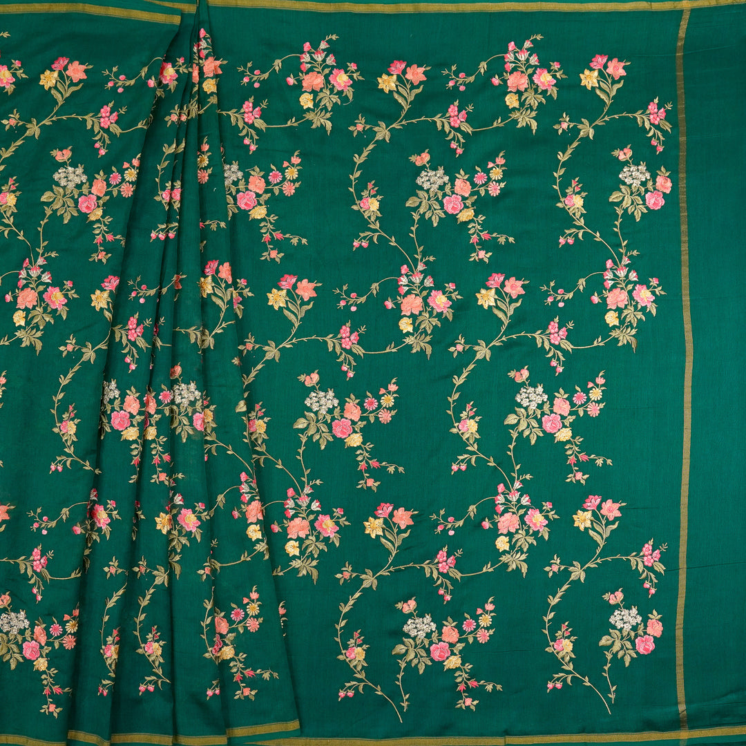 Feral Embroidered Saree on Bottle Green Silk Chanderi