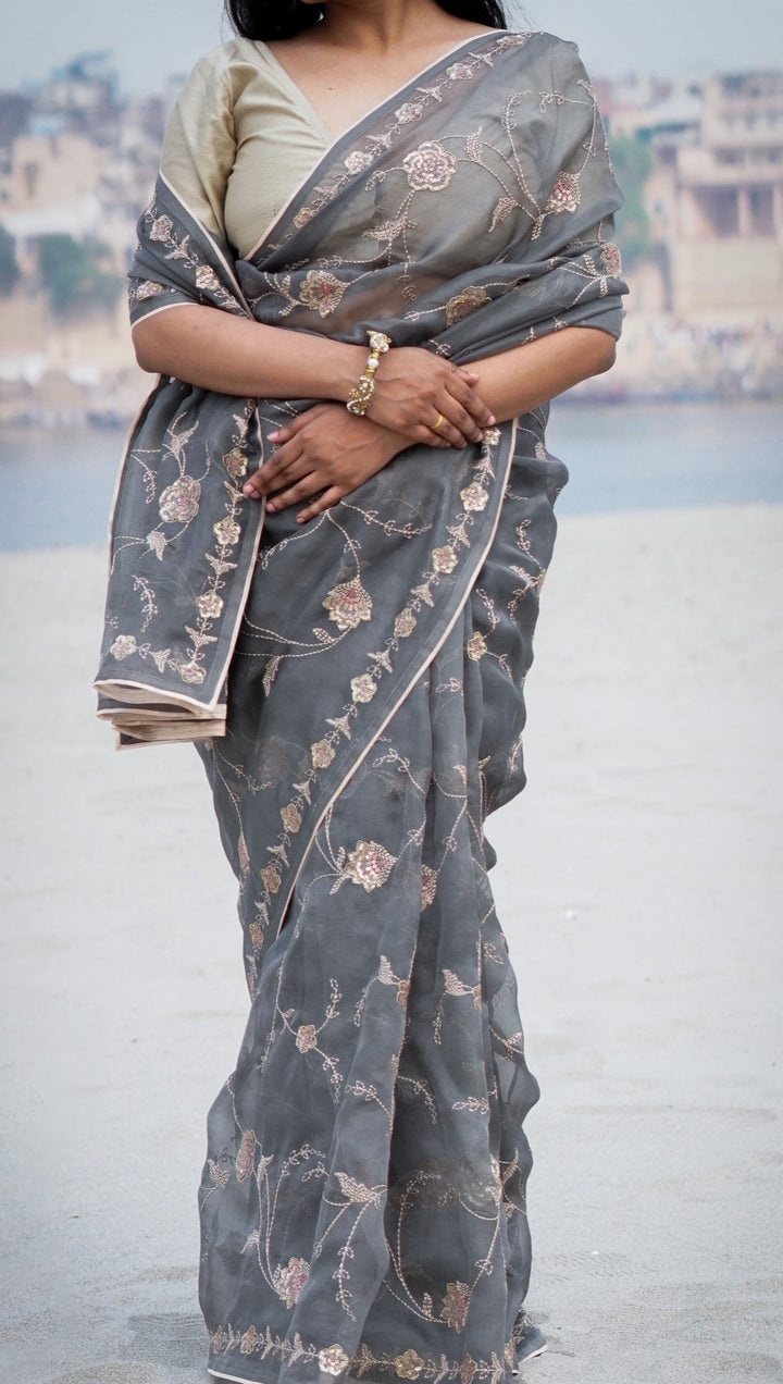 Revaya Embroidered Saree on Charcoal Pure Silk Organza
