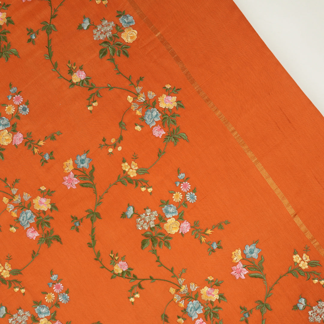 Feral Embroidered Saree on Red Rust Silk Chanderi