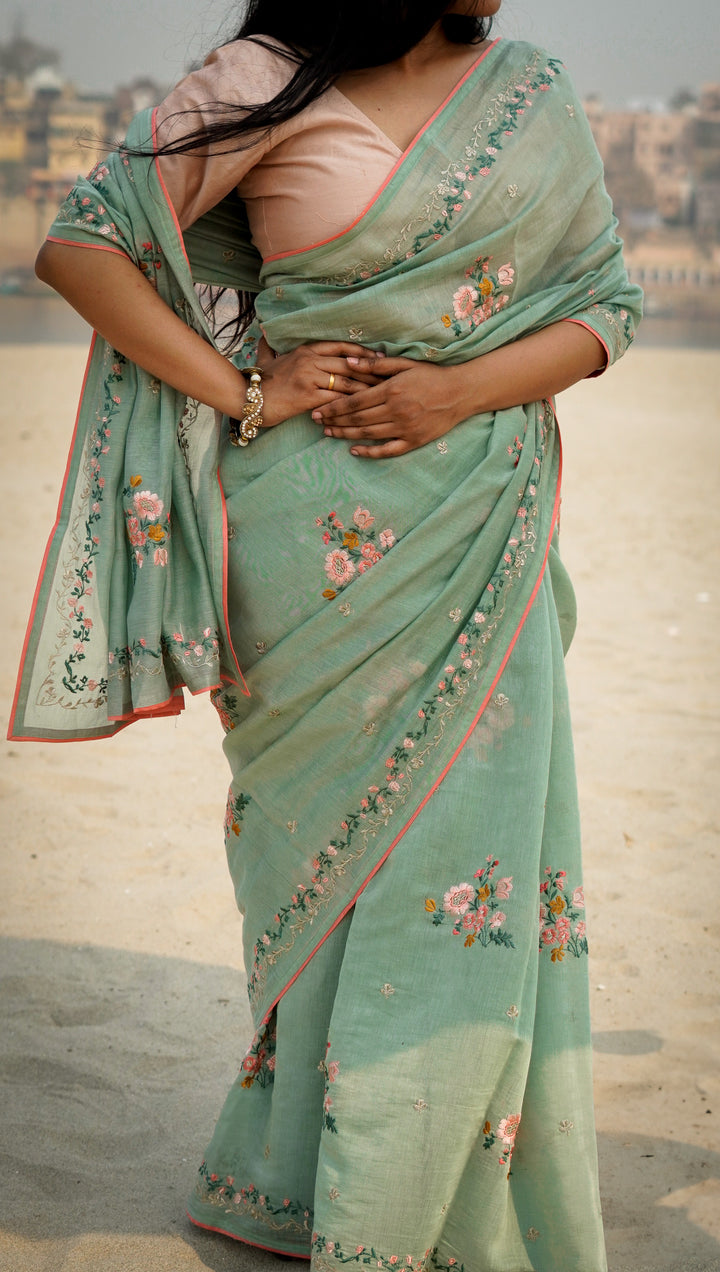 Neerangi Embroidered Saree on Light Teal Cotton Silk