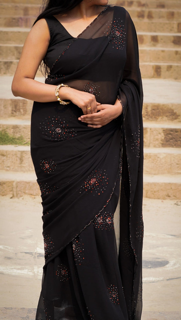 Naktya Embroidered Saree on Black Pure Silk Georgette