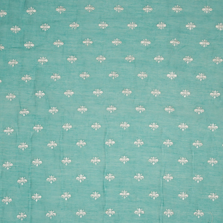 Sheetal Buti on Turquoise Cotton Silk  Embroidered Fabric