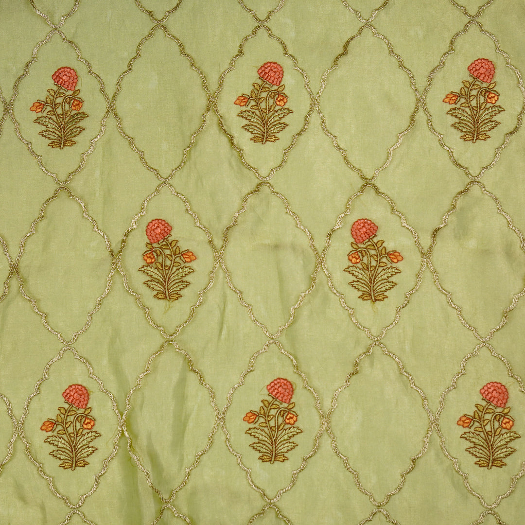 Nasreen Jaal on Olive Silk Tissue  Embroidered Fabric