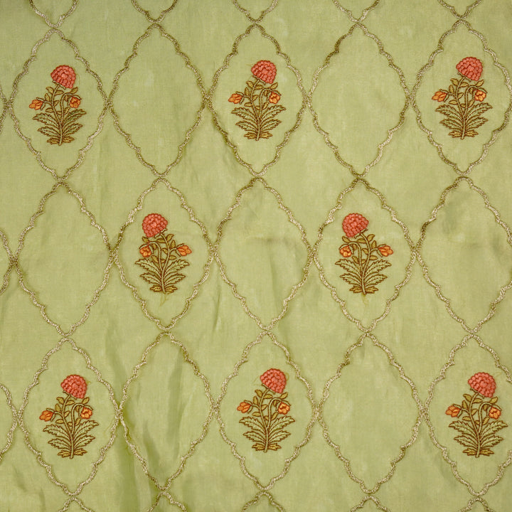 Nasreen Jaal on Olive Silk Tissue  Embroidered Fabric