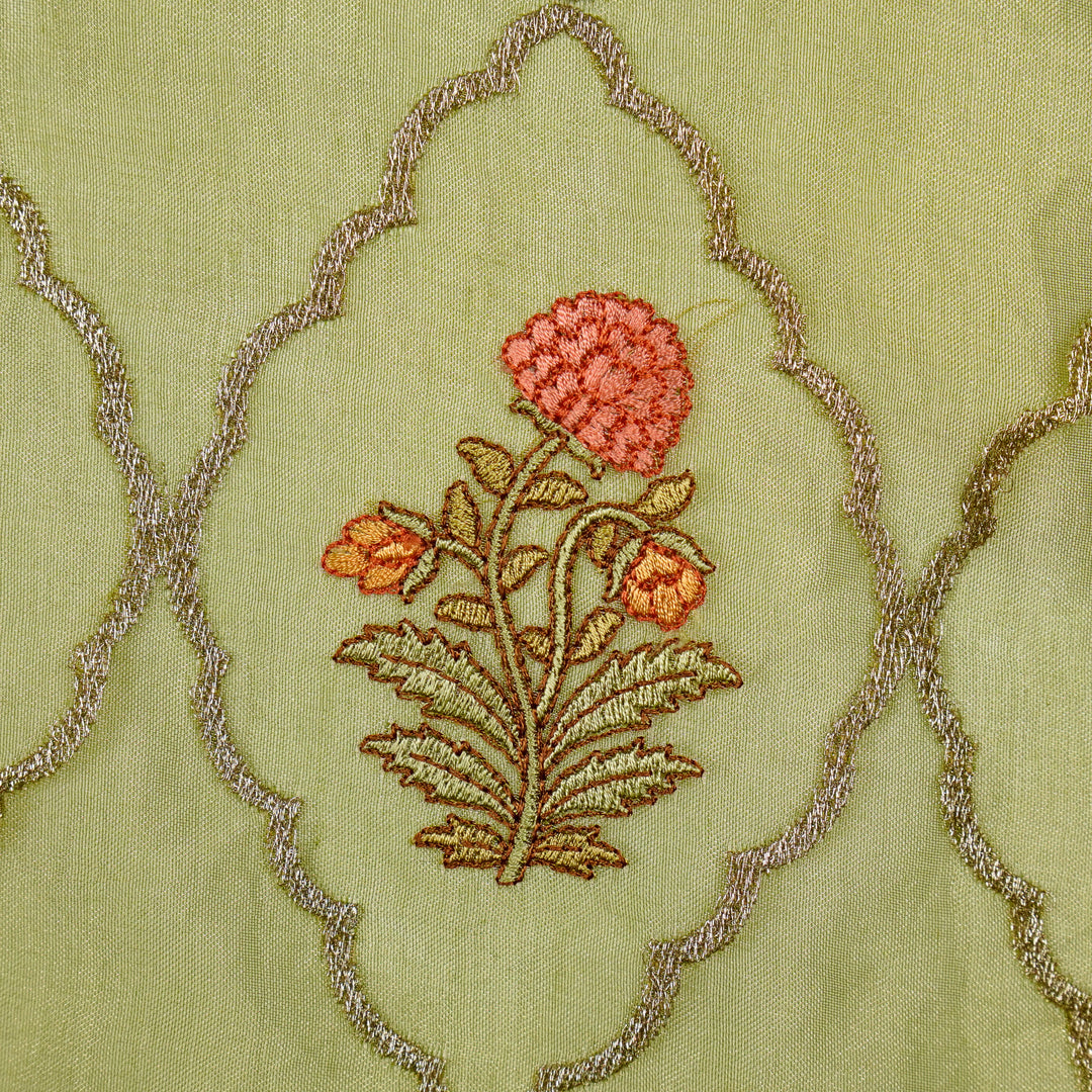 Nasreen Jaal on Olive Silk Tissue  Embroidered Fabric