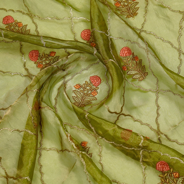 Nasreen Jaal on Olive Silk Tissue  Embroidered Fabric