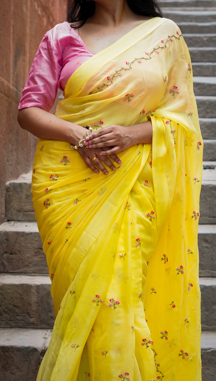Zayfa Embroidered Saree on Lemon Pure Silk Georgette