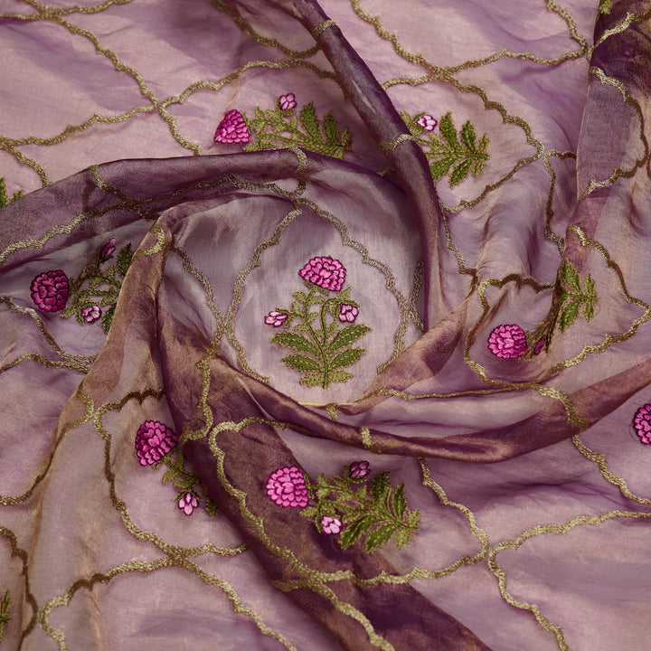 Nasreen Jaal on Deep Mauve Silk Tissue  Embroidered Fabric