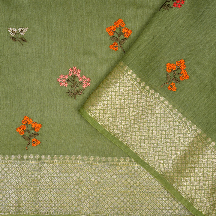Darshini Embroidered Saree on Olive Munga Silk