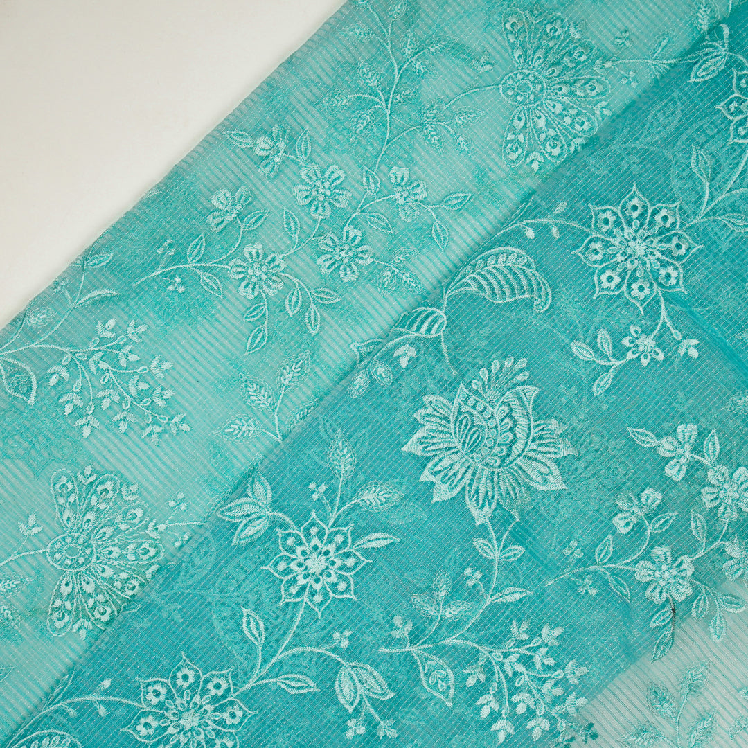 Shaival Jaal on Turquoise Munga Kota  Embroidered Fabric