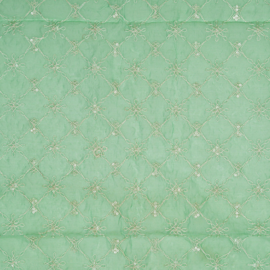 Tarang Jaal on Mint Green Cotton Silk  Embroidered Fabric