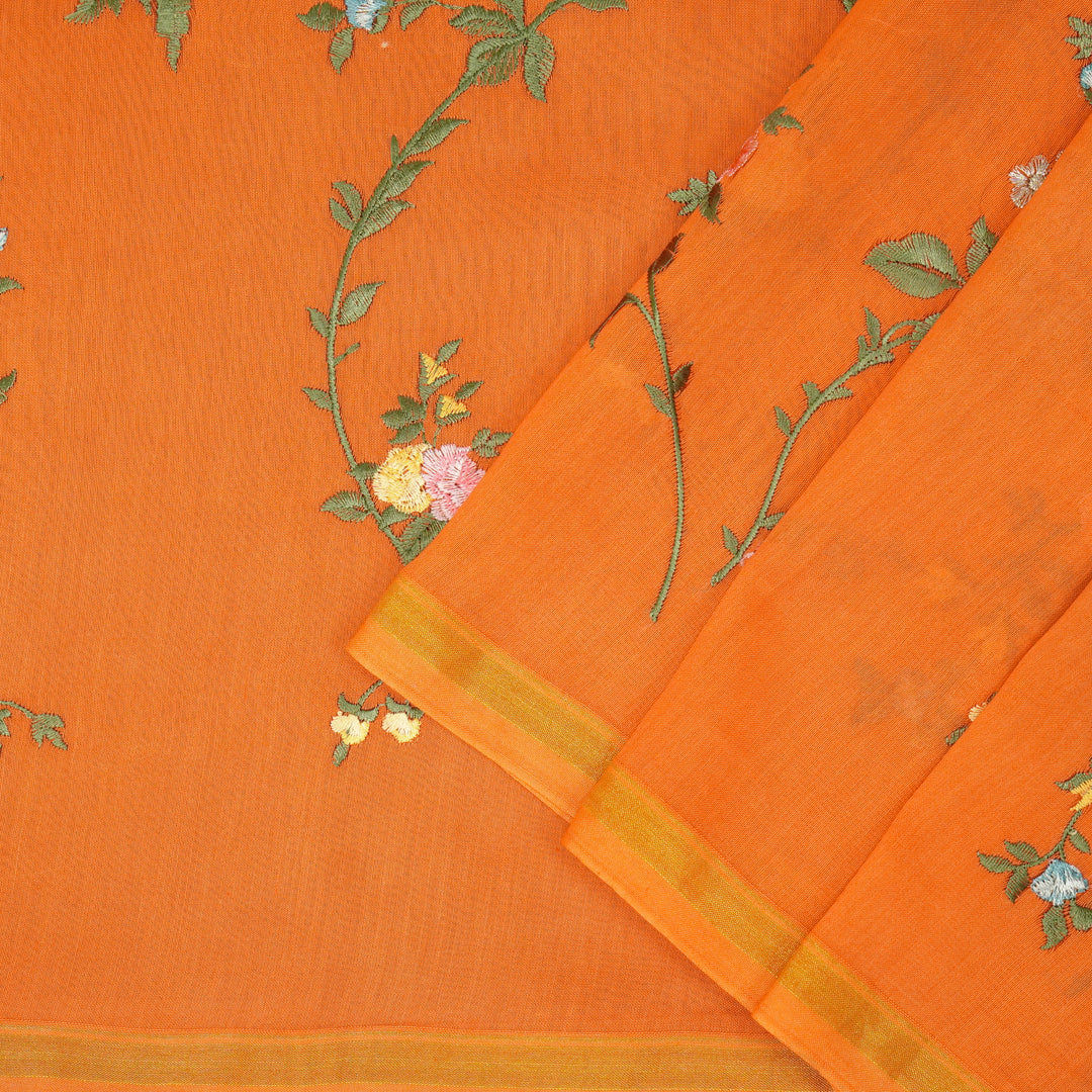 Feral Embroidered Saree on Red Rust Silk Chanderi