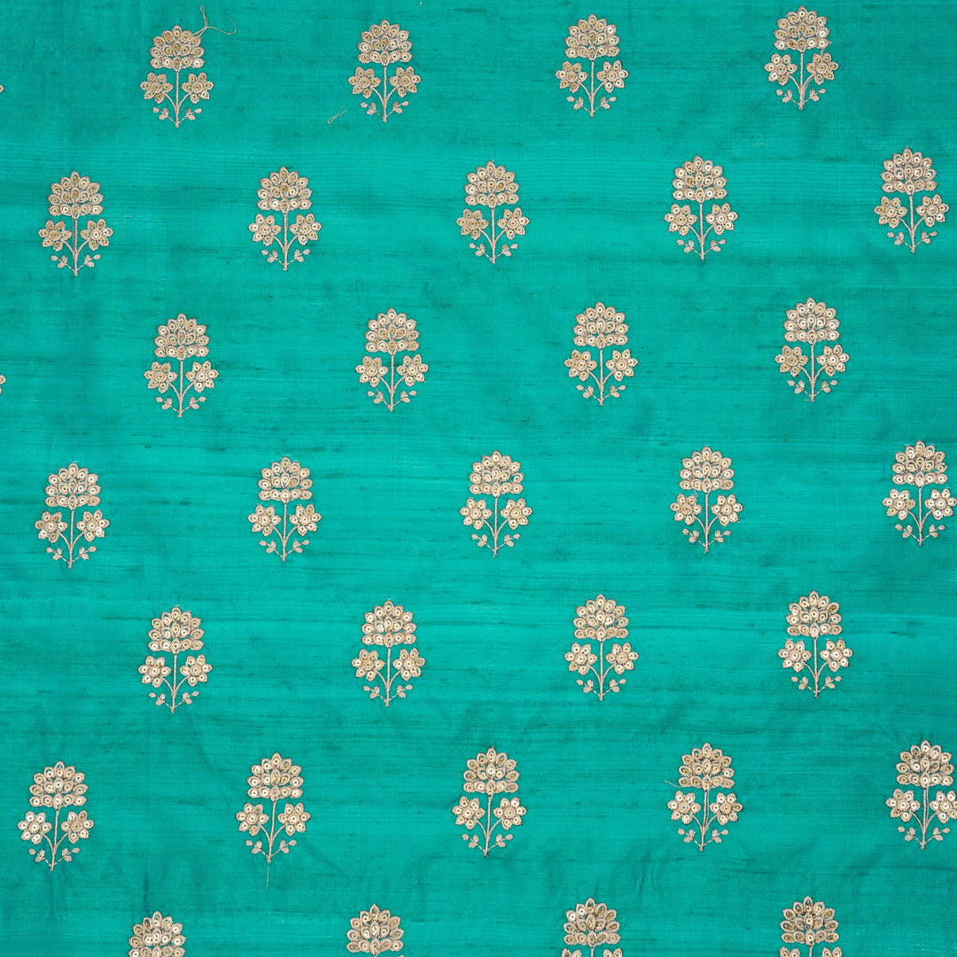 Shiza Buti on Teal Raw Silk Embroidered Fabric