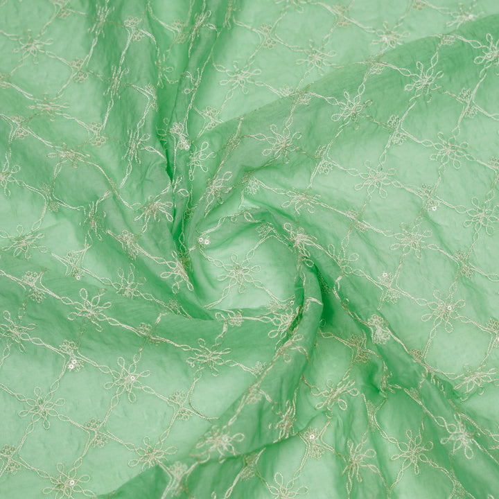 Tarang Jaal on Mint Green Cotton Silk  Embroidered Fabric