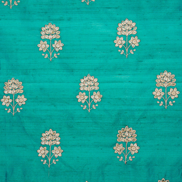 Shiza Buti on Teal Raw Silk Embroidered Fabric