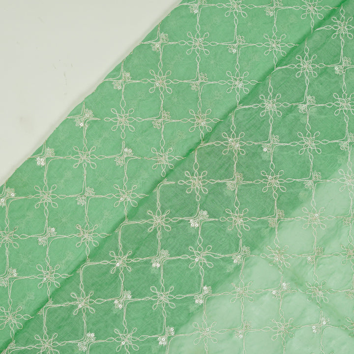 Tarang Jaal on Mint Green Cotton Silk  Embroidered Fabric
