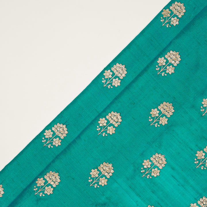 Shiza Buti on Teal Raw Silk Embroidered Fabric